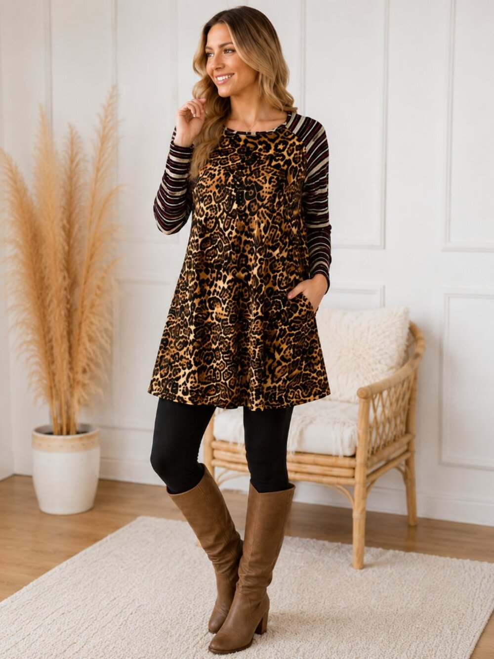 Southern Stitch Leopard Print Tunic Dress Medium | Striped Sleeves Pockets Bouti